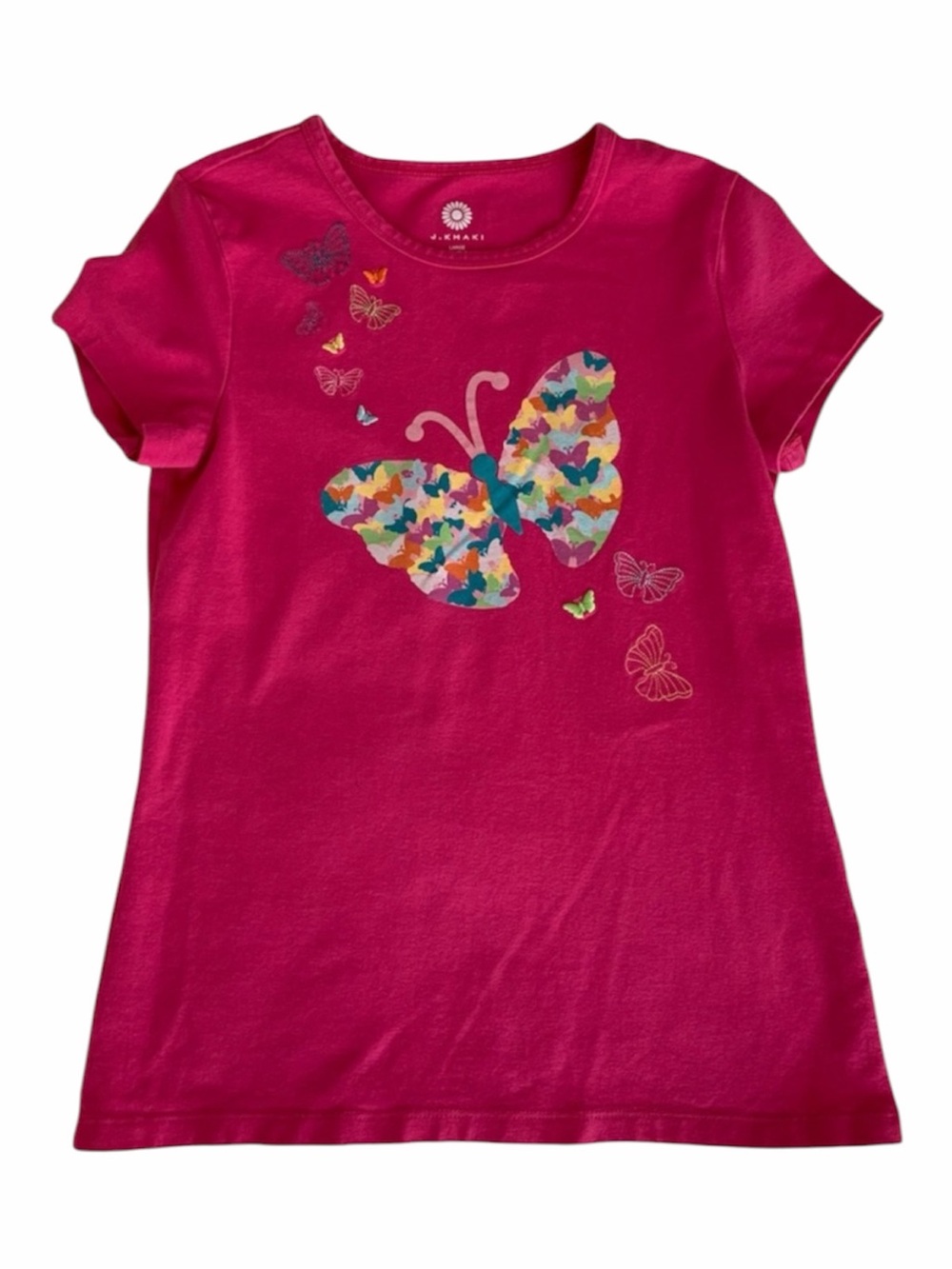 J. Khaki T Shirt Girl Size L Pink Butterfly Short Cap Sleeve Embroidery Sparkles